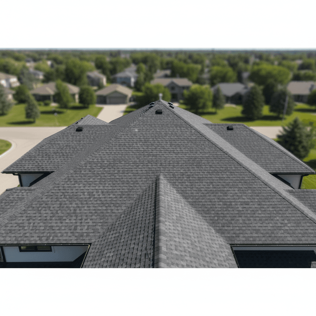 A dramatic high-angle wide shot of a completed residential roof in Saskatoon