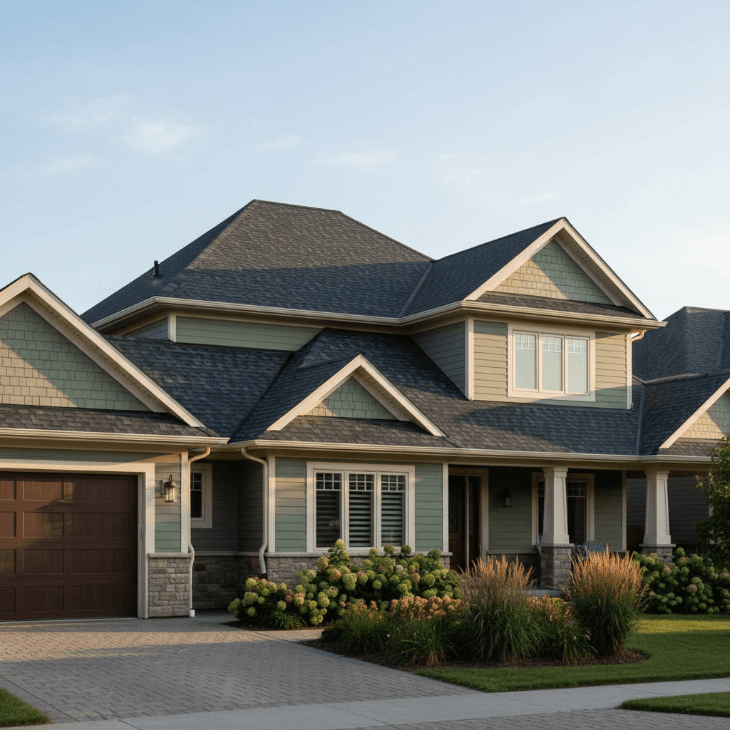 A warm, inviting medium shot of a residential home in Saskatoon with a freshly completed roof