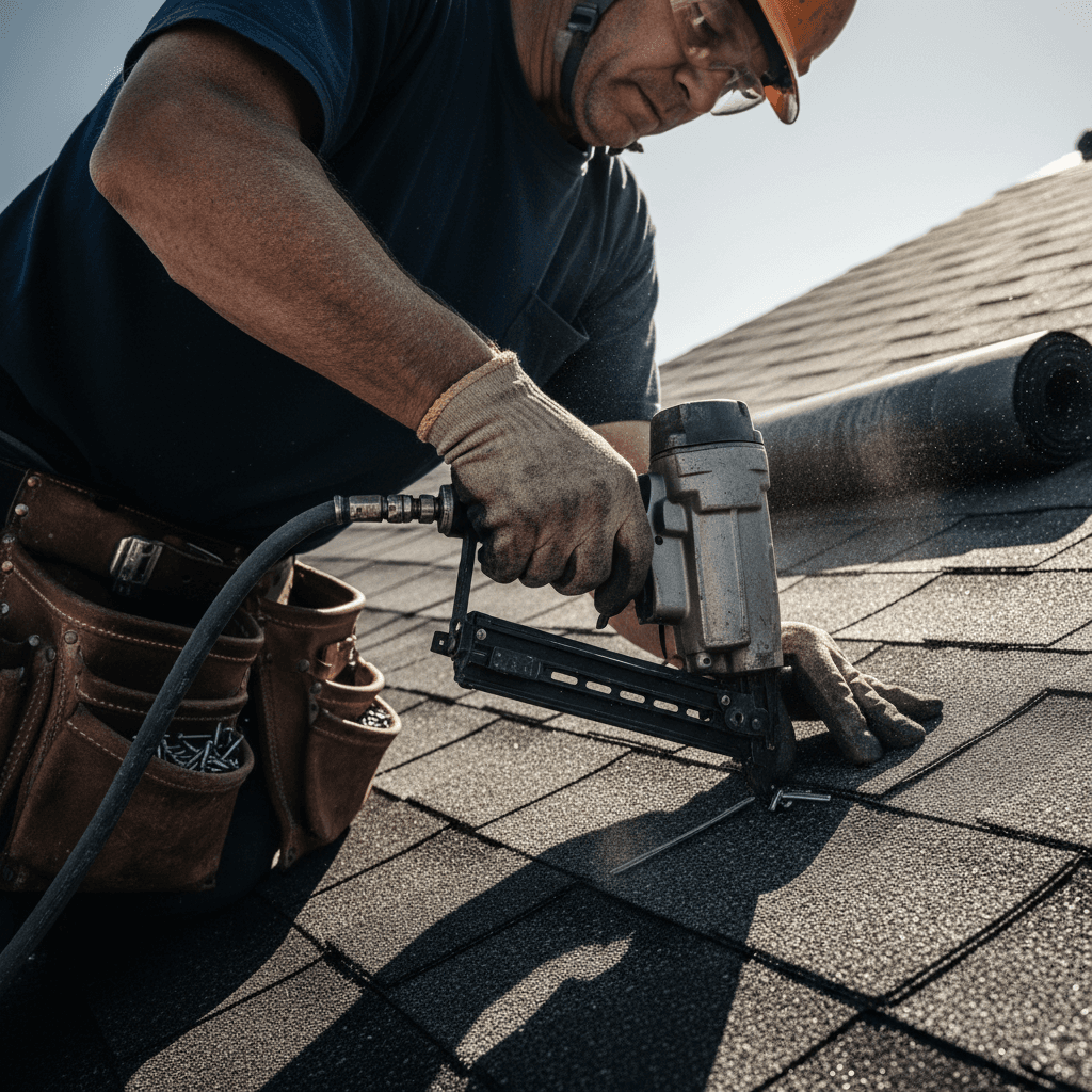 A gritty, high-contrast documentary-style medium shot of a roofer's hands and torso as he secures shingles with a pneumatic nail gun.