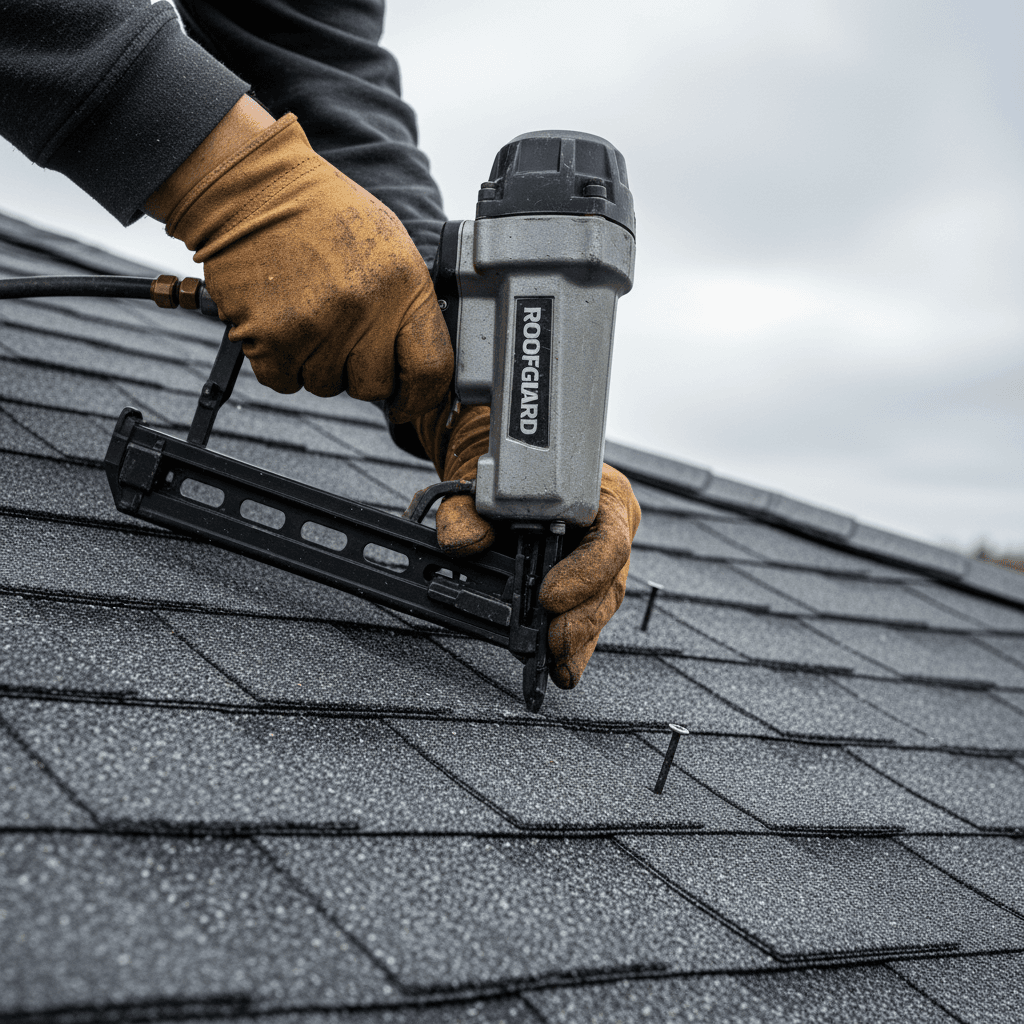 Roofer installing shingles on residential roof