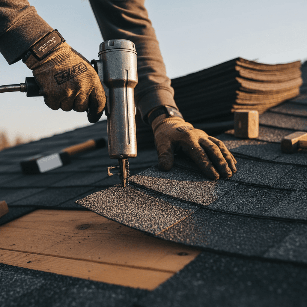 Roofer performing roof inspection and maintenance