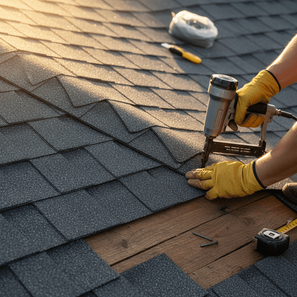 Roofer measuring and marking shingles on residential roof