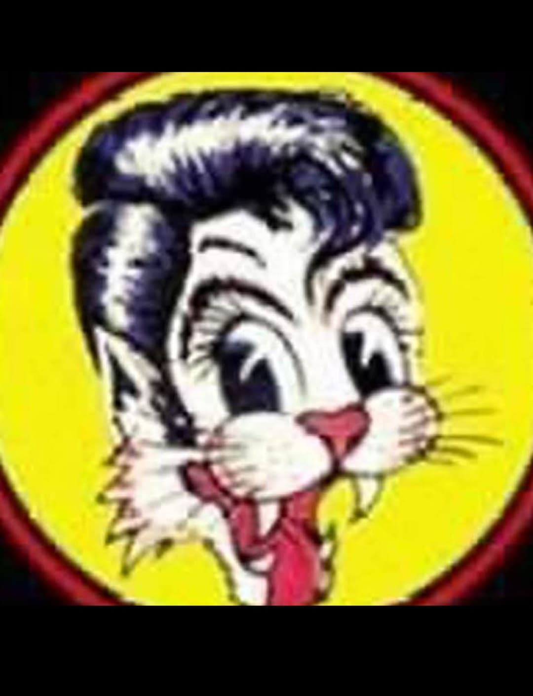 Retro cartoon cat with a black pompadour and large eyes against a yellow circular background.