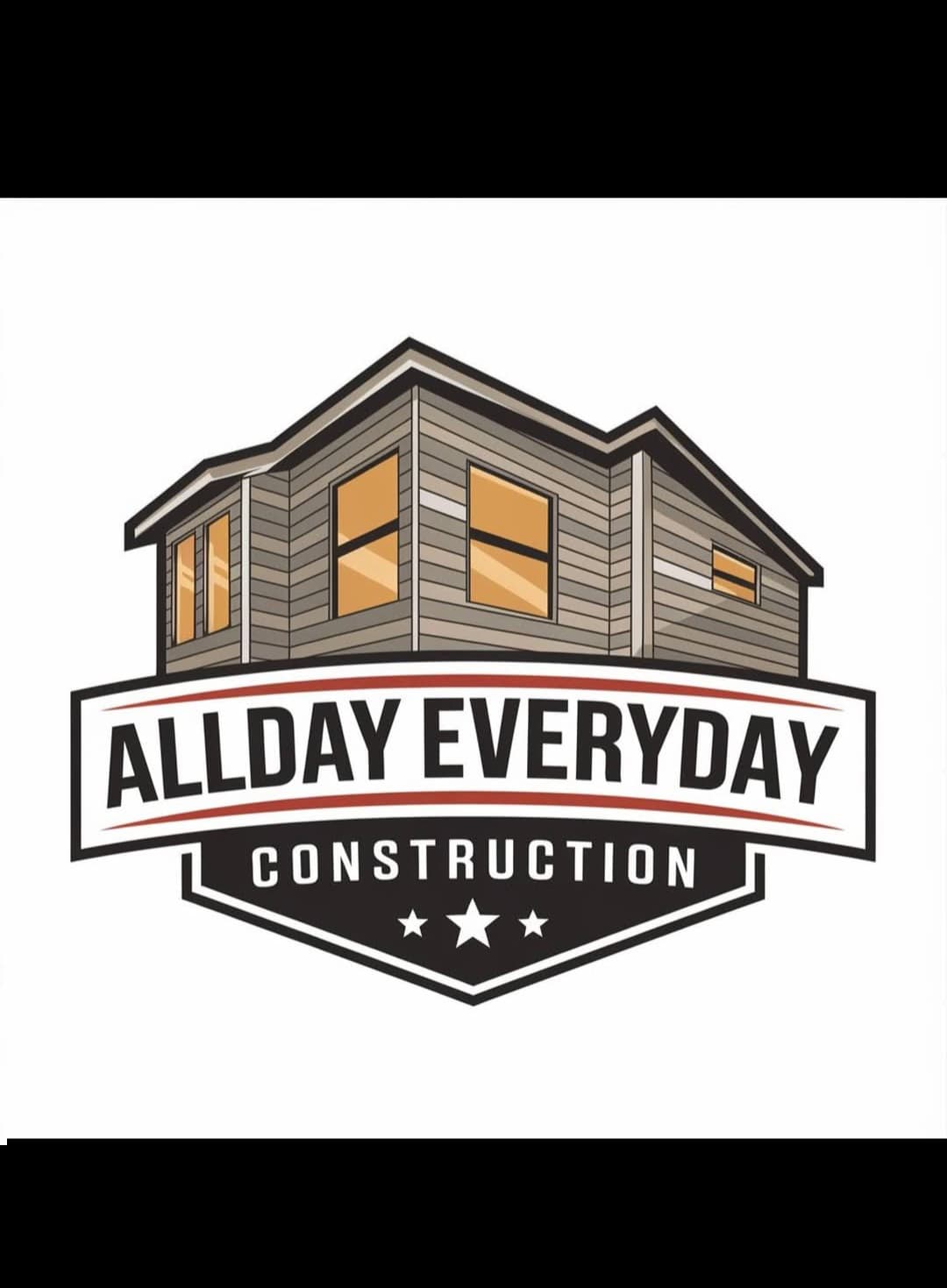 Allday Everyday Construction logo with a modern grey house, yellow windows, and three white stars.